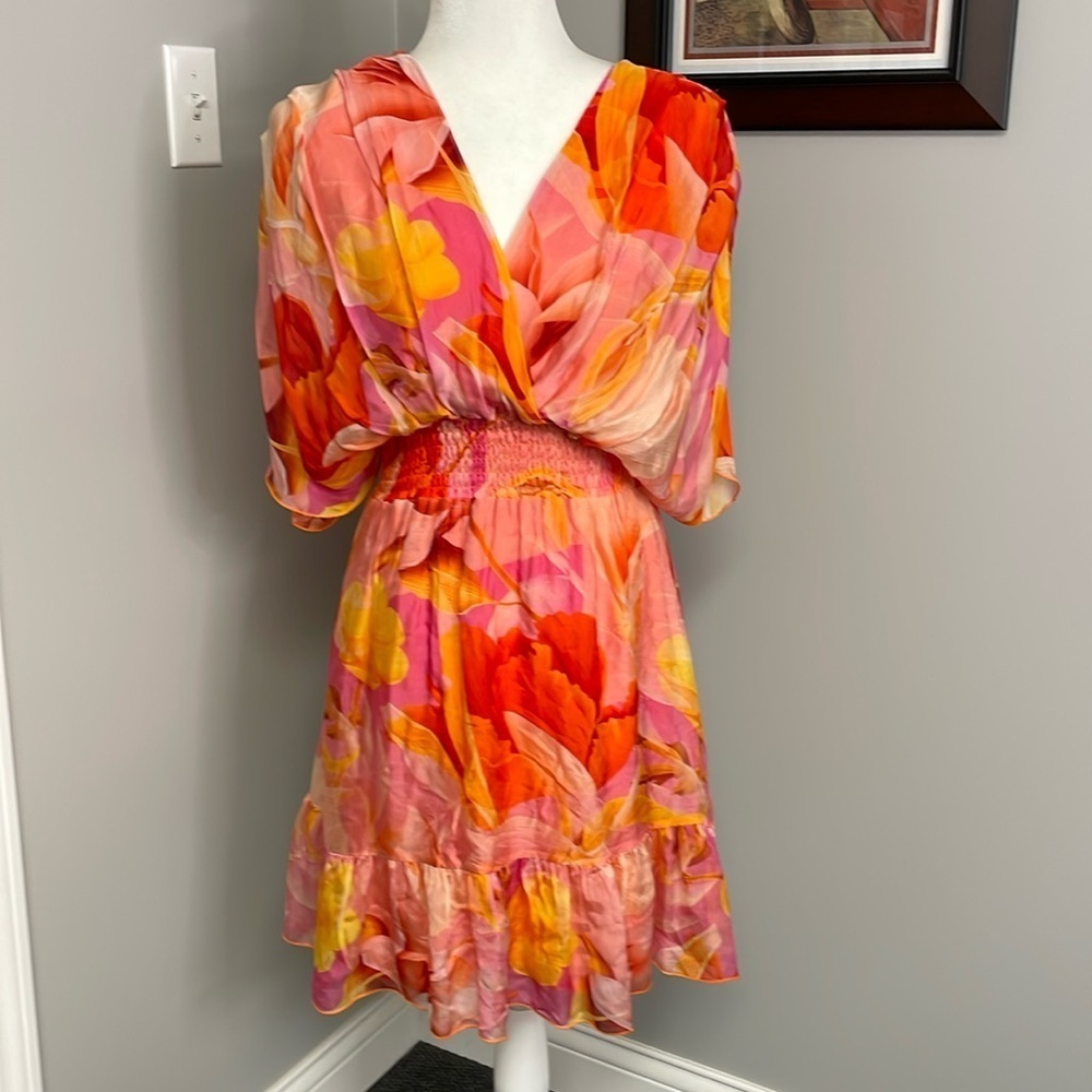 Liu Jo Pink Orange Floral Ruffle Mini Dress Silk Feminine Flowy Beach Resortwear